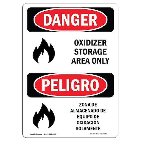 Safety Sign, OSHA Danger, 14" Height, Aluminum, Oxidizer Storage Area Only, Bilingual Spanish